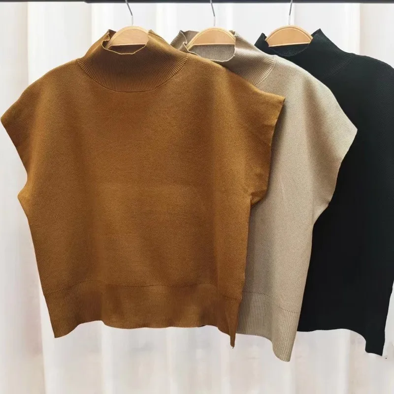 Autumn Elegant Vintage Top, Solid Color Half High Collar Pullover Sweater Short Bat Sleeve Casual T-shirt