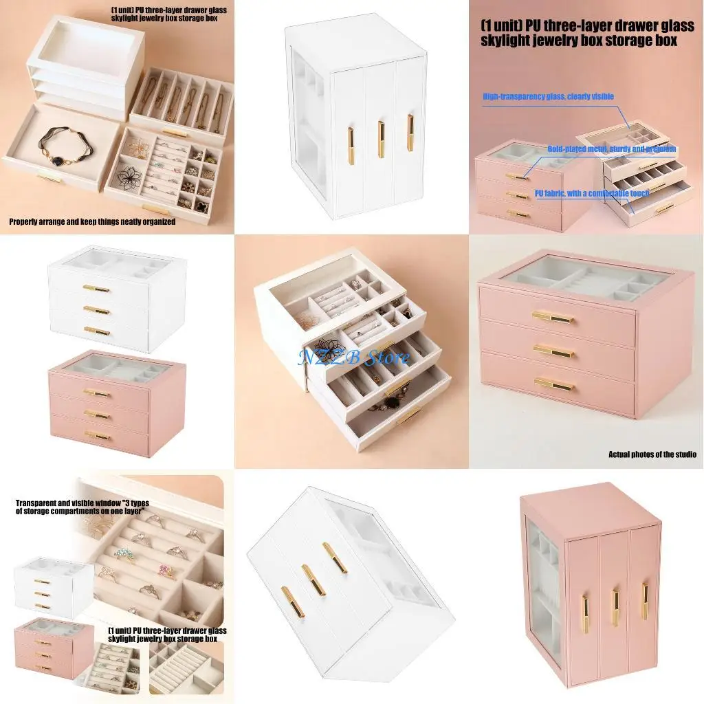 T21F Hộp đựng trang sức thời trang Da PU Hoàn thiện 3 hệ thống ngăn kéo Top