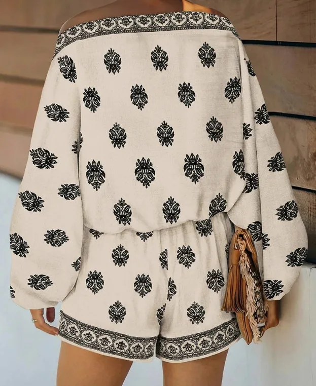 Women Boho Floral Print Jumpsuit Summer Fashion Off Shoulder Lantern Long Sleeve Elastic Waist Side Pockets Loose Short Romper