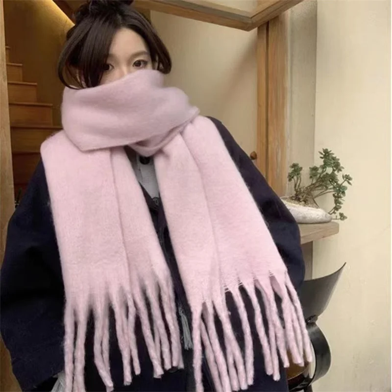 Korean Style Cashmere Solid Colors Women Scarf Winter Shawl and Wrap Bandana Pashmina Tassel Female Foulard Thick Blanket 2024