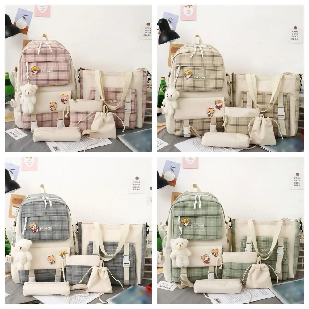 Sac à dos à carreaux de grande capacité, mignon, Style coréen Y2K, sac à bandoulière en toile à bretelles réglables, sac d'école pour étudiants, 5 pièces/ensemble