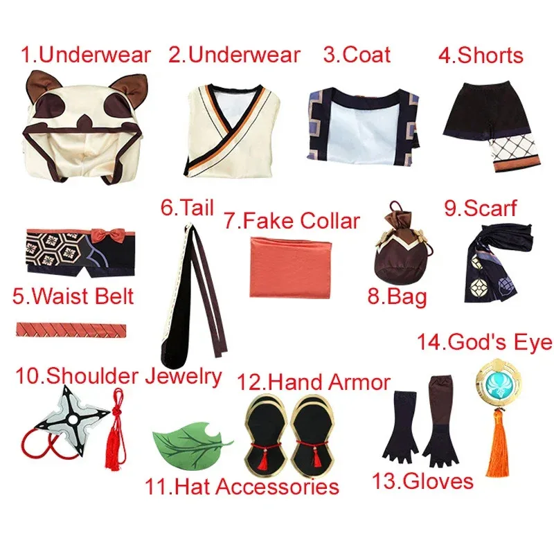 2025 New Halloween Genshin Impact Sayu Costume Anime Cosplay Wig Clothing Including Tail Glove Waist Bag God's Eye AA