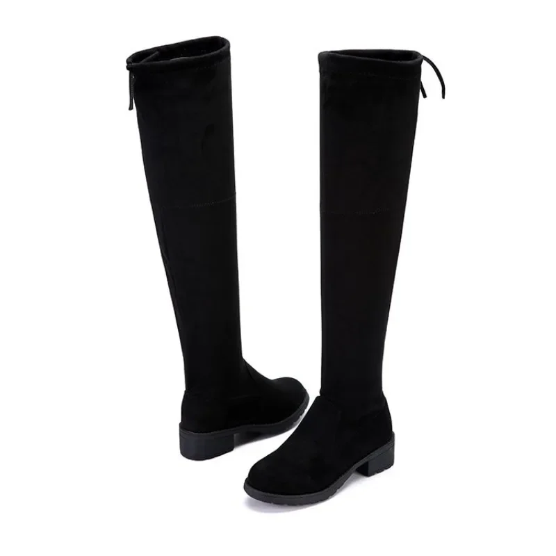 Schwarze Overknee-Stiefel für Damen, elastische Oberschenkelhohe Stiefel aus Wildlederimitat mit Blockabsatz, lässige, bequeme Herbst-Winter-Stiefel – Detail 6