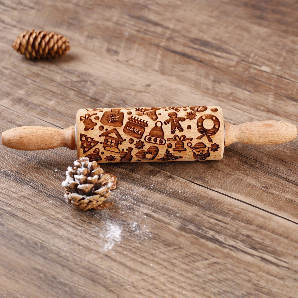 1pc 10inch Wooden Christmas Embossed Small Rolling Pin For Pastry Baking Tools Angel Elk Boots Deep Engraving Cookies Stamp Tool