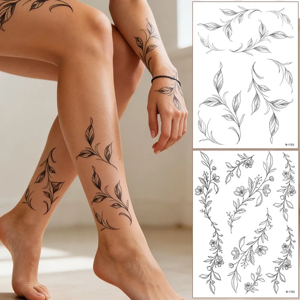 Make Up Leaf Temporary Tattoos Long Lasting Waterproof Black Flower Tattoo Stickers Facial Art DIY Sketch Style Stickers