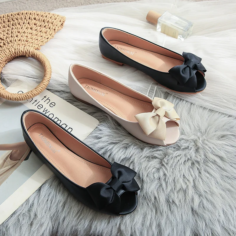 Flat Bean Single Shoes 2026 Soft Leather Fish Mouth Mom Shoes Butterfly Knot Women's Shoes
