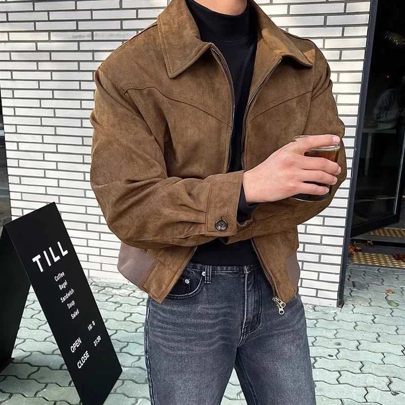 

Men's Bomber Jacket Turn-down Collar 2024 Spring Retro Patchwork Zipper Pocket Short Coats Overcoat Streetwear Male Leather Jac