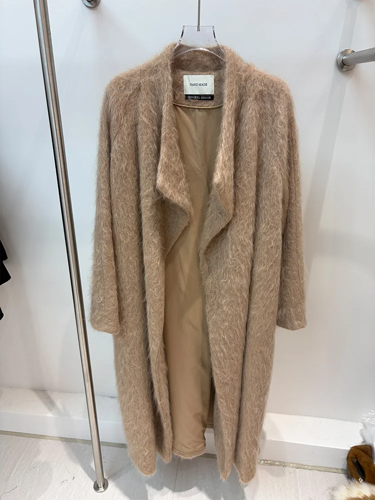 Women Long Wool Blend Coat Waterfall Lapel Open Front Shaggy Fluffy Handmade Loose Winter Ladies Woolen Outerwear Overcoat
