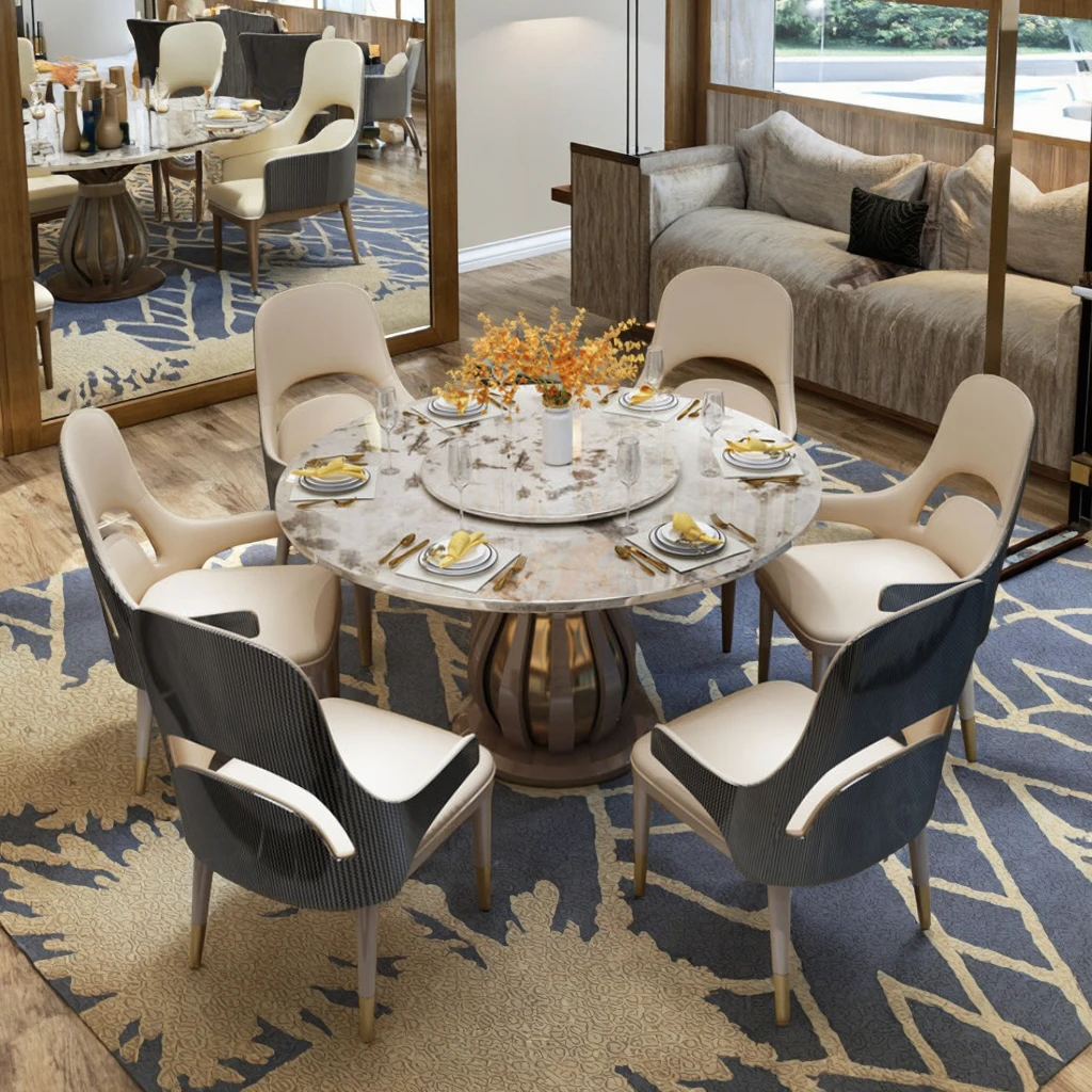 

Элитный итальянский современный обеденный гарнитур: круглый обеденный стол с мраморной столешницей и шестью стульями для дома или отеля