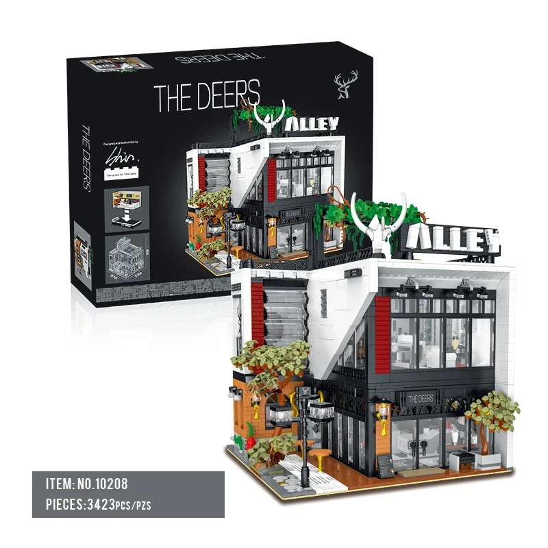 Milk Tea Shop Building Blocks Modern Villa Modular City Architecture MOC Bricks Set With Light Street View Sets Kid DIY Toy Gift