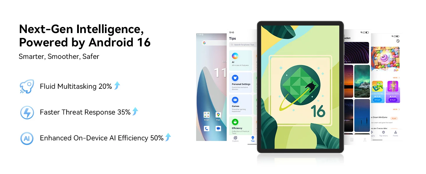 KINGRID T50 Android 16 Tablet PC 10.9 Inch HD IPS Display Octa-Core Unisoc T615 24GB (6+18) RAM 128GB ROM 8000mAh Battery Dual Band 5G WiFi Bluetooth 5.0 GPS Google Play OTG Type-C Tablet for Online Learning Gaming Video Streaming Office Entertainment