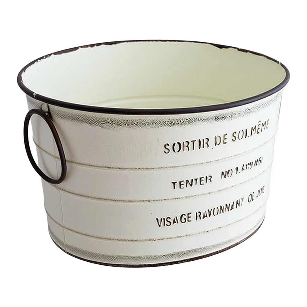 Embossed Letter Decor Distressed Iron Pot Smooth Rolled Edges Curved Design Safety Charming Countryside Aesthetic