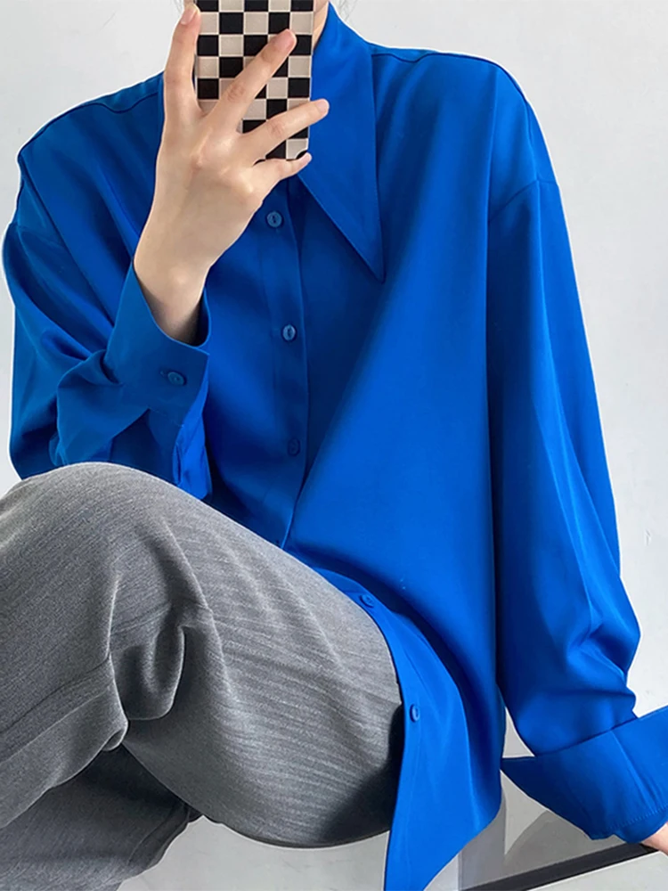 

Elegant Klein Blue Long Sleeve Shirt Women's Spring Autumn Winter Fashion Layering Collared Base Layer Shirt Coat Outerwear