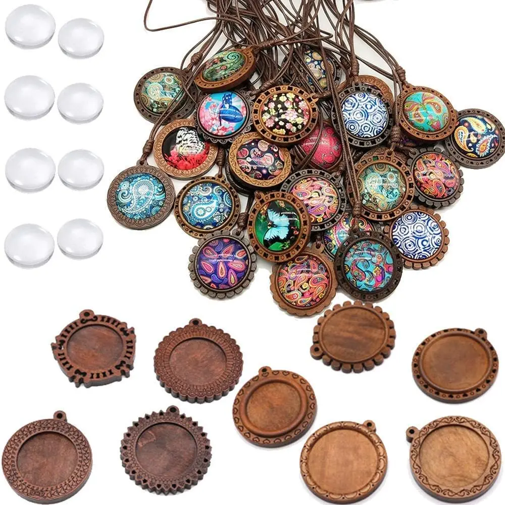 

Bezel Pendant Trays Round Wooden and Glass Cabochon Round Clear Dome for DIY Crafting Photo Jewelry Making