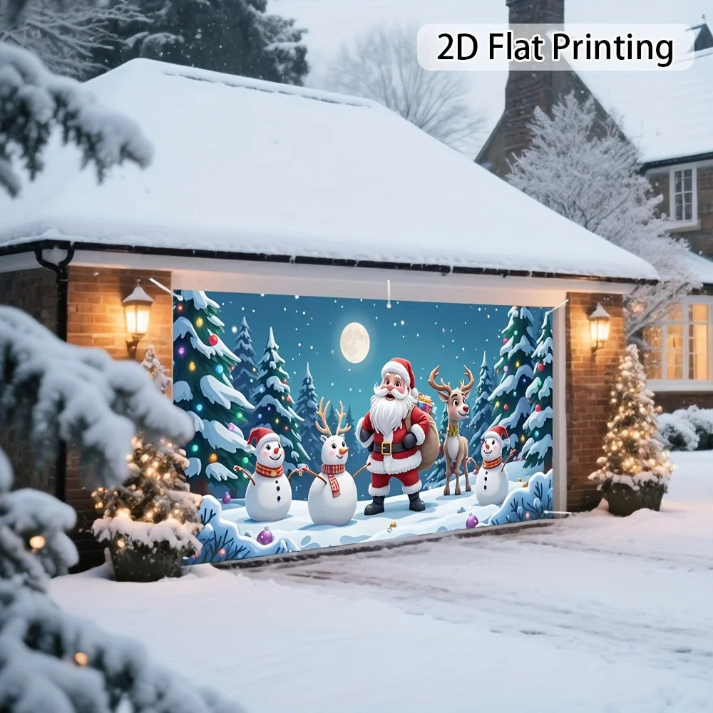 Bannière de porte 2D, 1 grande bannière de porte de garage de neige de renne du père noël-décoration de scène d'hiver avec portes de traîneau et de renne