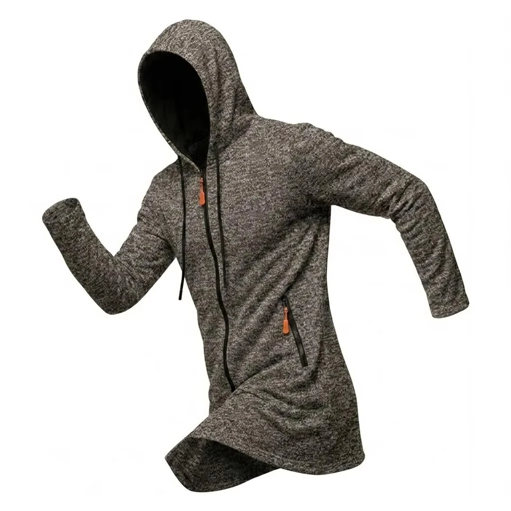 Neue Herren-Kapuzenjacke mit Reißverschluss, thermisch, winddicht, lässiger Fleece-Sweatshirt, Reißverschlusstaschen, langer Mantel für Outdoor-Aktivitäten, mit Kapuze – Detail 9