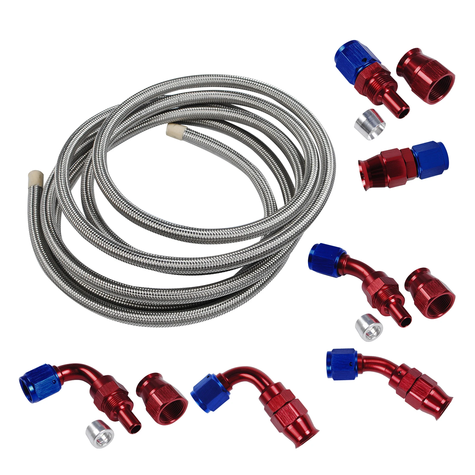 

AN4/6/8/10/12 Stainles Steel PTFE Fuel Hose E85 Automotive Modified Oil Cooler Oil Tube 10/16/20/30FT Red and Blue Adapter Set