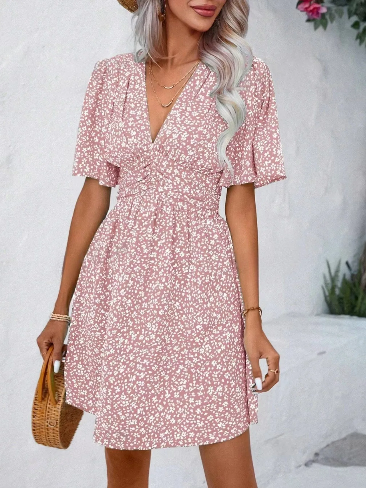 Abito da donna con stampa floreale con scollo a V profondo e maniche svolazzanti, elastico in vita smock, maxi abito da spiaggia estivo, boho holiday lady