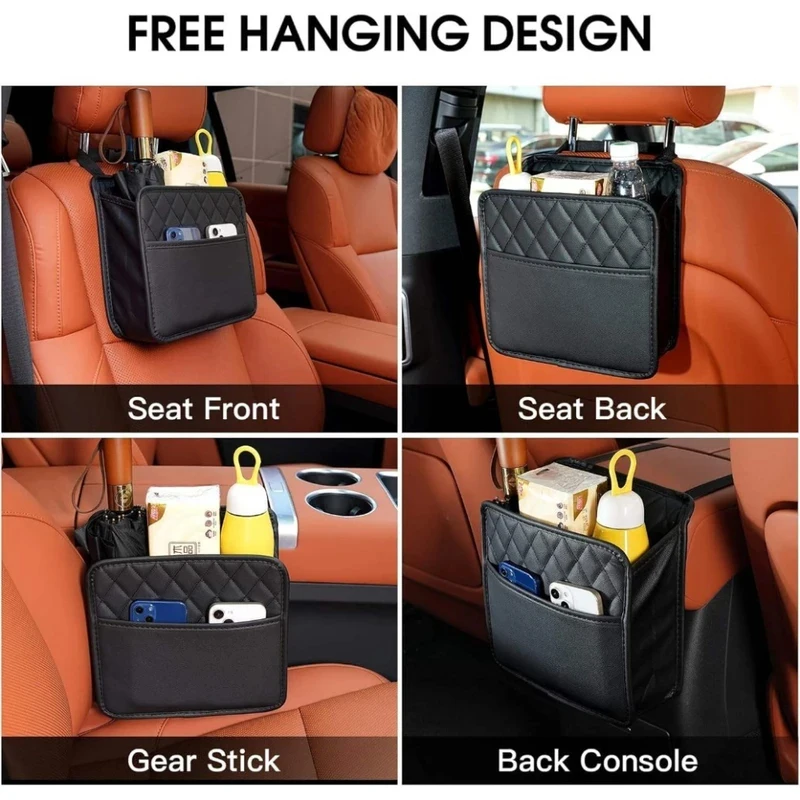 Universal Car Seat Back Organizer Waterproof Leather Multifunctional Hanging Storage Bag Foldable with Large Garbage Bin