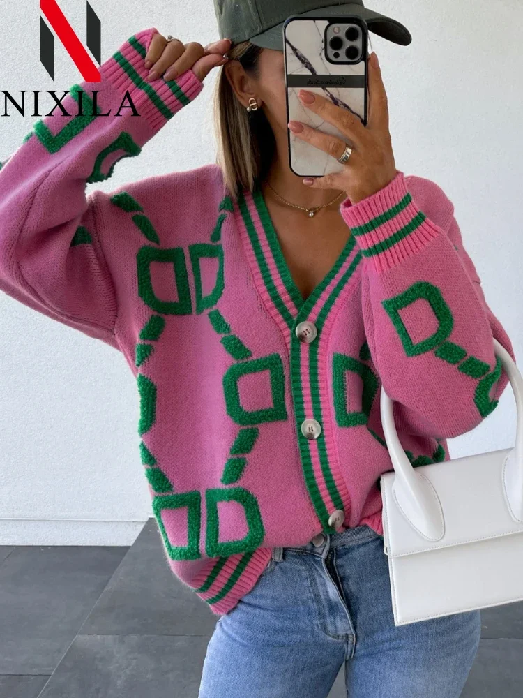 

New Winter Autumn Knit Women Oversized Cardigan Letter Printed V-Neck Korean Fashion Long Sleeve Tops Casual Sweater for Women