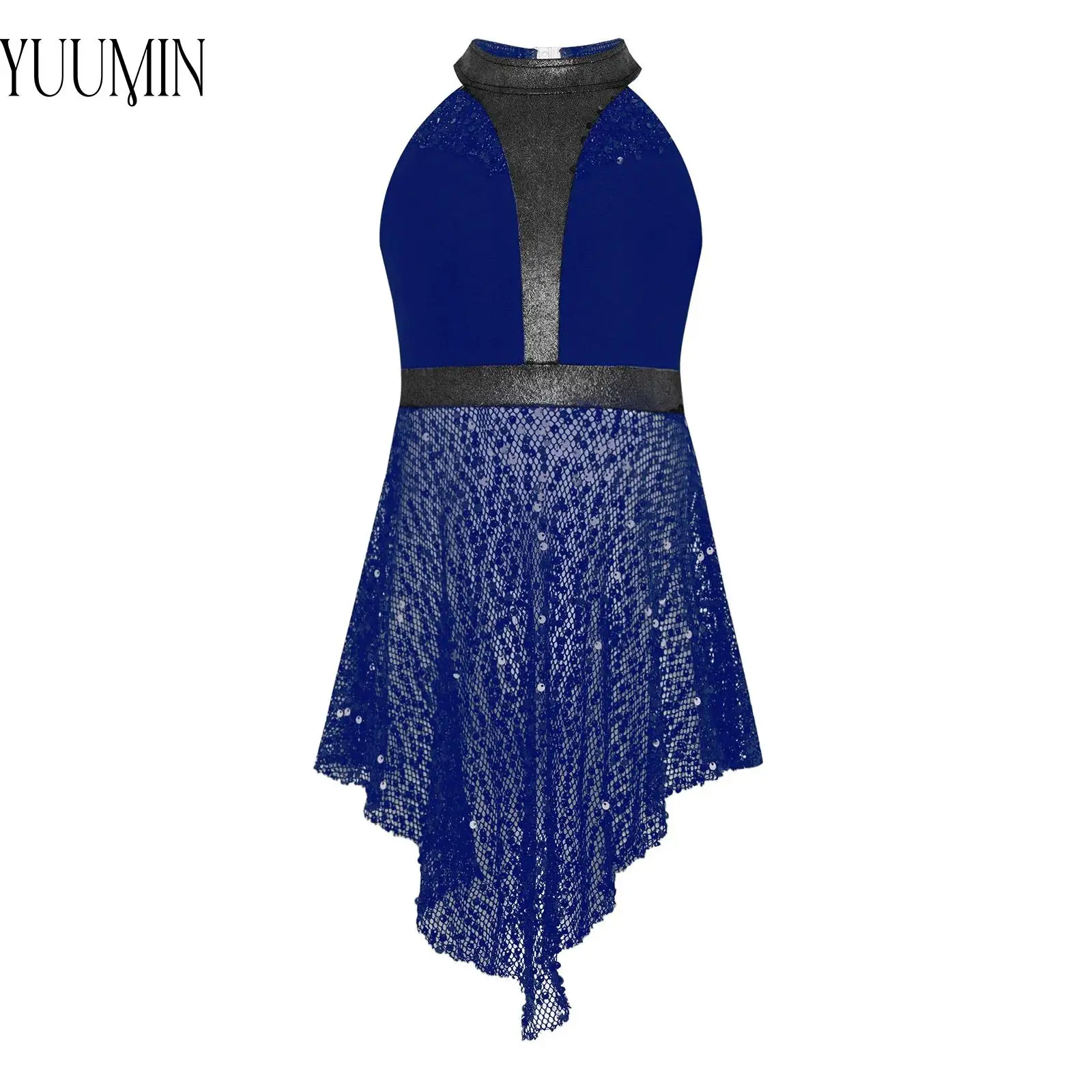

New Girls Jazz Latin Dance Performance Costume Sleeveless Cutout Back Shiny Sequins Irregular Hem Top Kids Performance Clothing