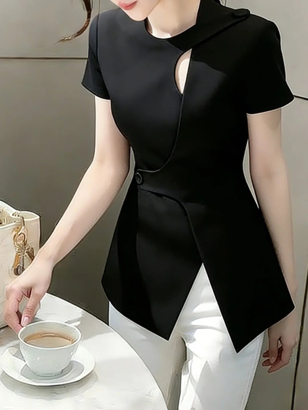 Stylish Black Waist-Cinching Top High-End Design Sensation Summer Fashion Elegant Ladylike Aesthetic Chinese Style Polyester ...
