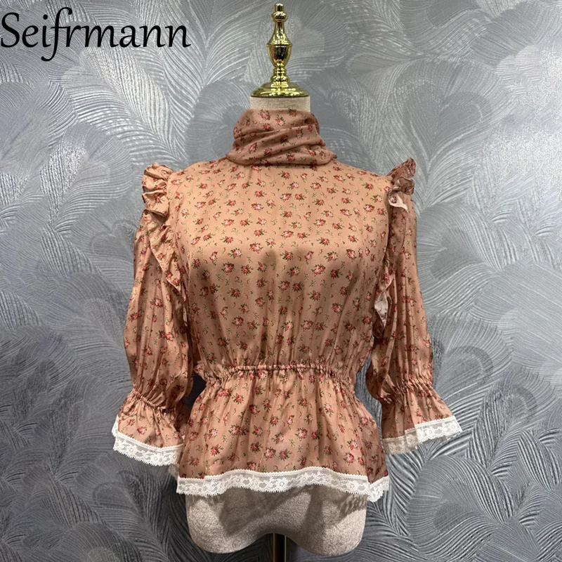 

Женский топ Seifrmann 2026: Новая модная модель с воротником-стойкой, длинными рукавами, шелковым принтом и кружевными вставками ﻿