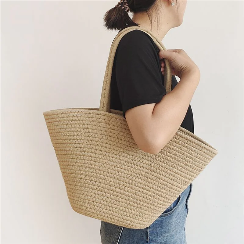 

1 Piece Fashion Retro Cotton Rope Woven Straw Bag Capacity High-End Sense Tote Women For Travel, Holiday, Shopping, Party