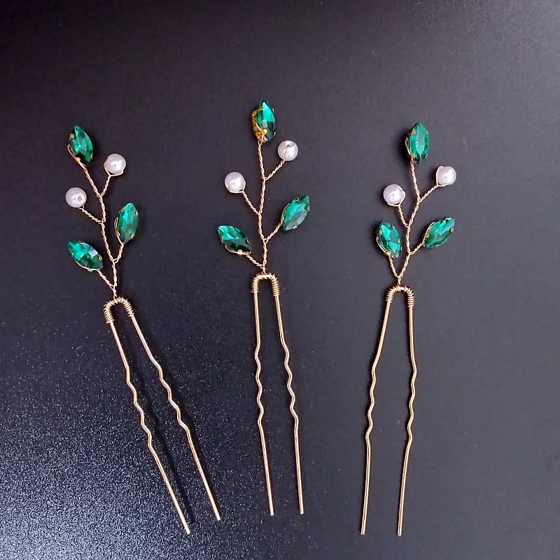 3pcs set Green Brilliant Crystal U-Shape Pearl Hairpins Headpiece, Rhinestone Hair Pins for Updo Hairstyle Accessories