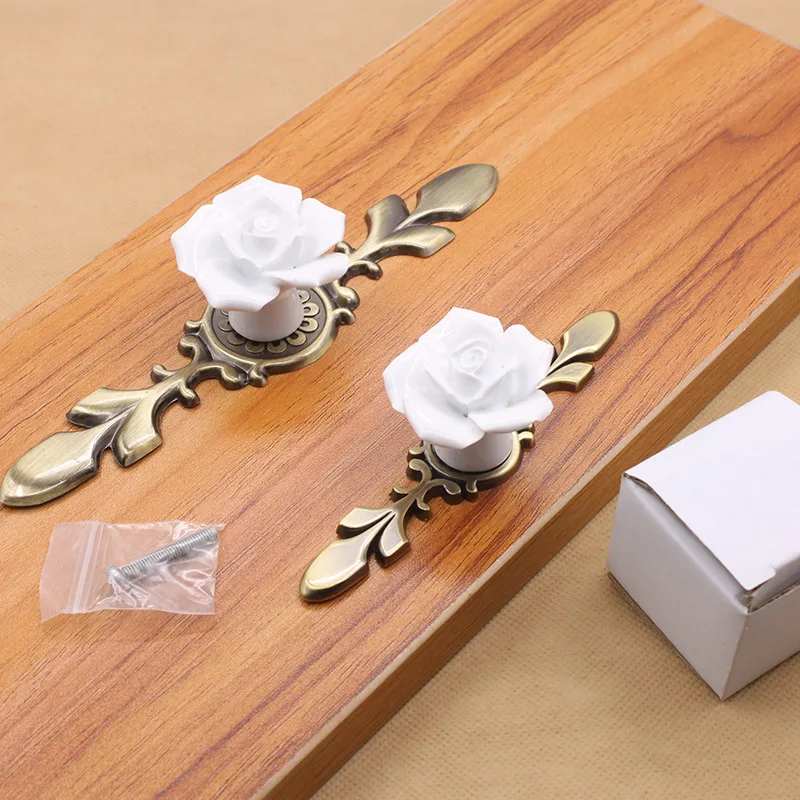 Vintage Furniture Handle Door Knobs Drawer Cupboard Kitchen Pull Handle Rose Flower Ceramic Cabinet Handles Retro Hardware