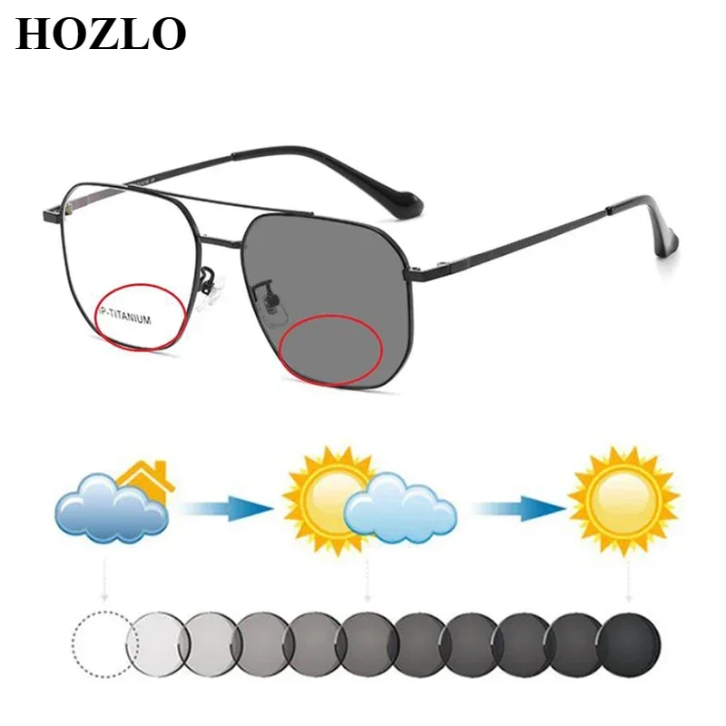 

Men Ultralight Titanium Double Bridge Photochromic Bifocals Reading Sunglasses Women Hyperopia Pilot Shades Travel Driving UV
