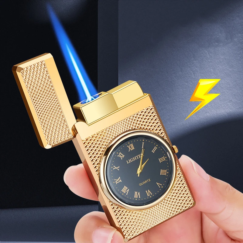 Creative Loud Watch Lighter Metal Straight Blue Flame Windproof Lighter Unusual Electronic Clock Torch Gas Lighter Men's Gift