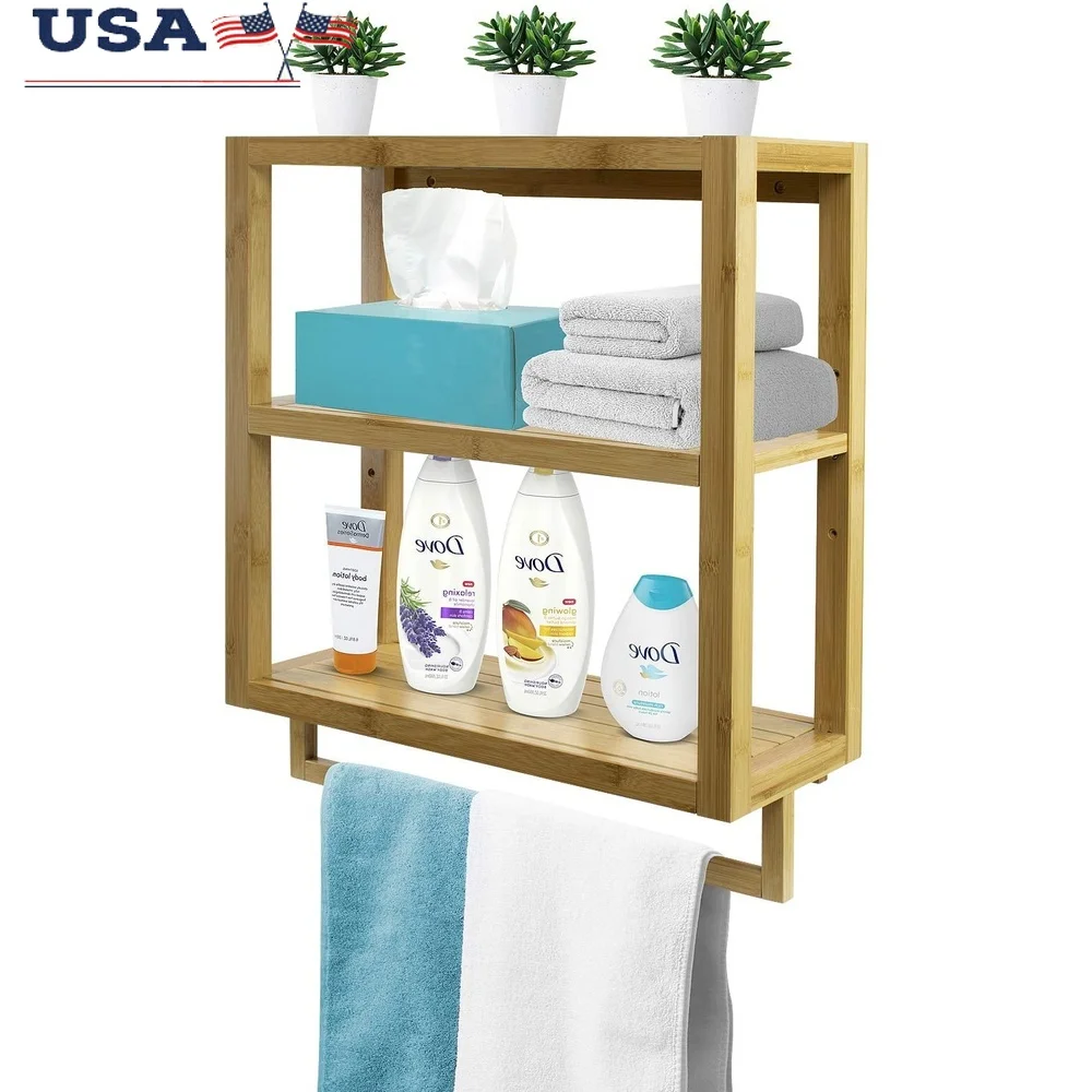 

Bamboo Wall Mounted 3-Tier Organizer Towel Rack Holder Adjustable Storage Shelf Bathroom Kitchen Hallway Natural Wood