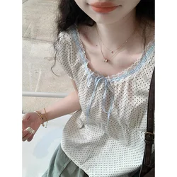 Minimalist Commuter Summer New Women's Polka Dot Crew Neck Spliced Lace Lacing T-shirt Fashion Loose Sweet Short Sleeve Tops