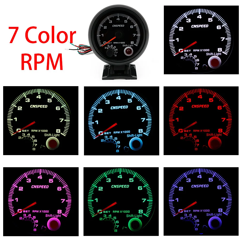 80mm Car Tachometer Gauge 0-8000 RPM Gauge Fit 4 6 8 Cylinder 7 Colors Led Light 12V Shift Light YC100142-CN