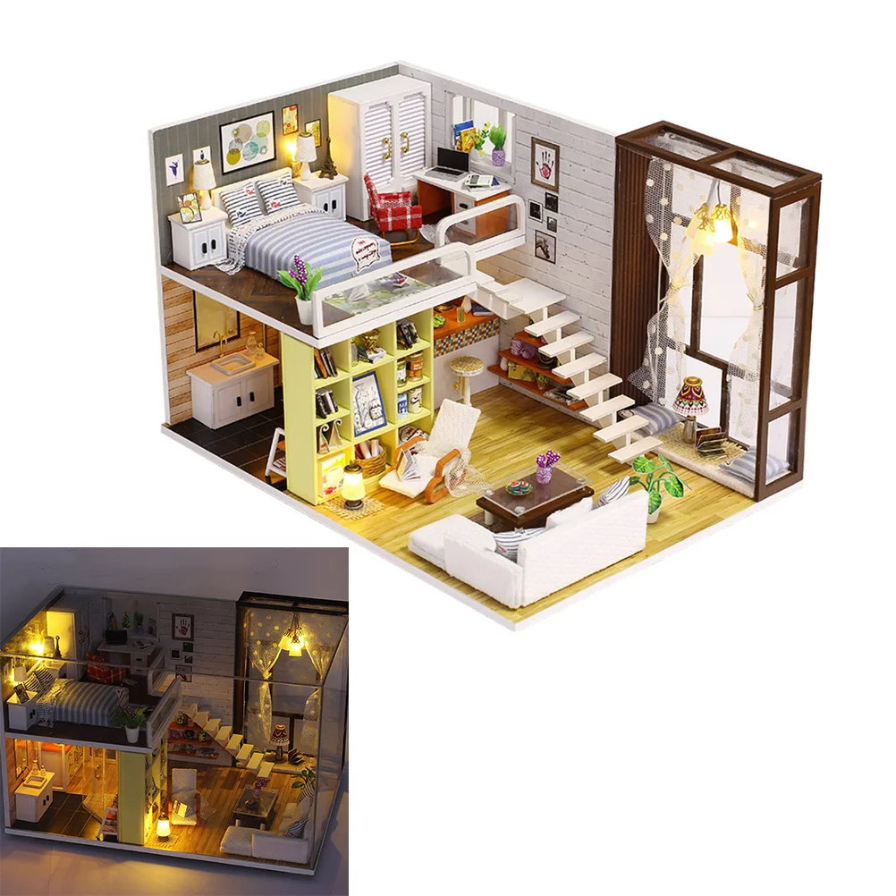 mini house Miniature DIY House Kit Educational Handmade Assembly Model Creative Room With Furniture (Standard)