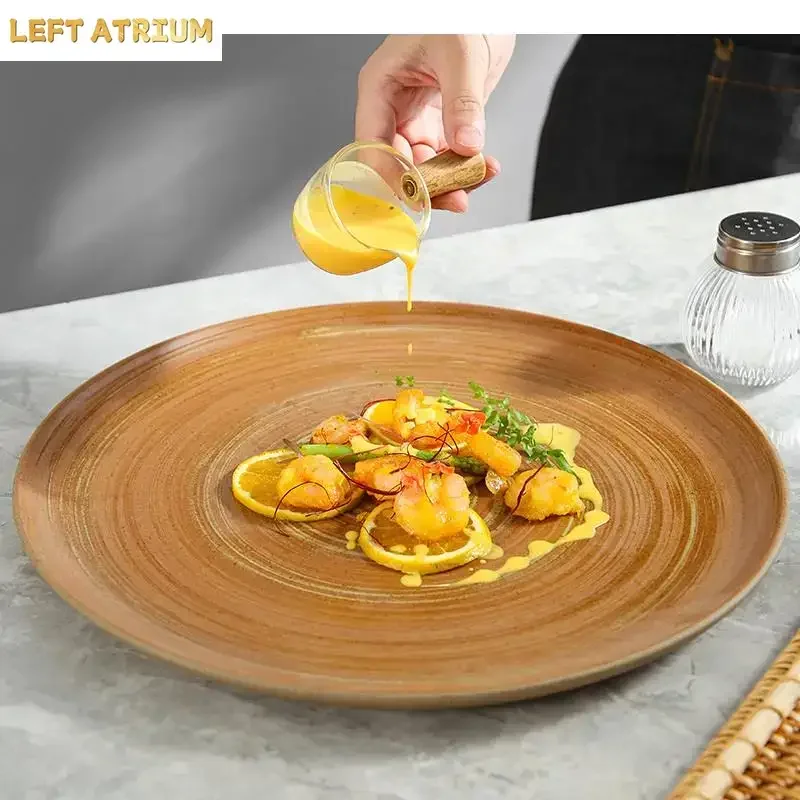 Retro Ceramic Dinner Plate Round Speciality Cutlery Simple Restaurant Striped Pattern Pasta Steak Snack Dessert Tray