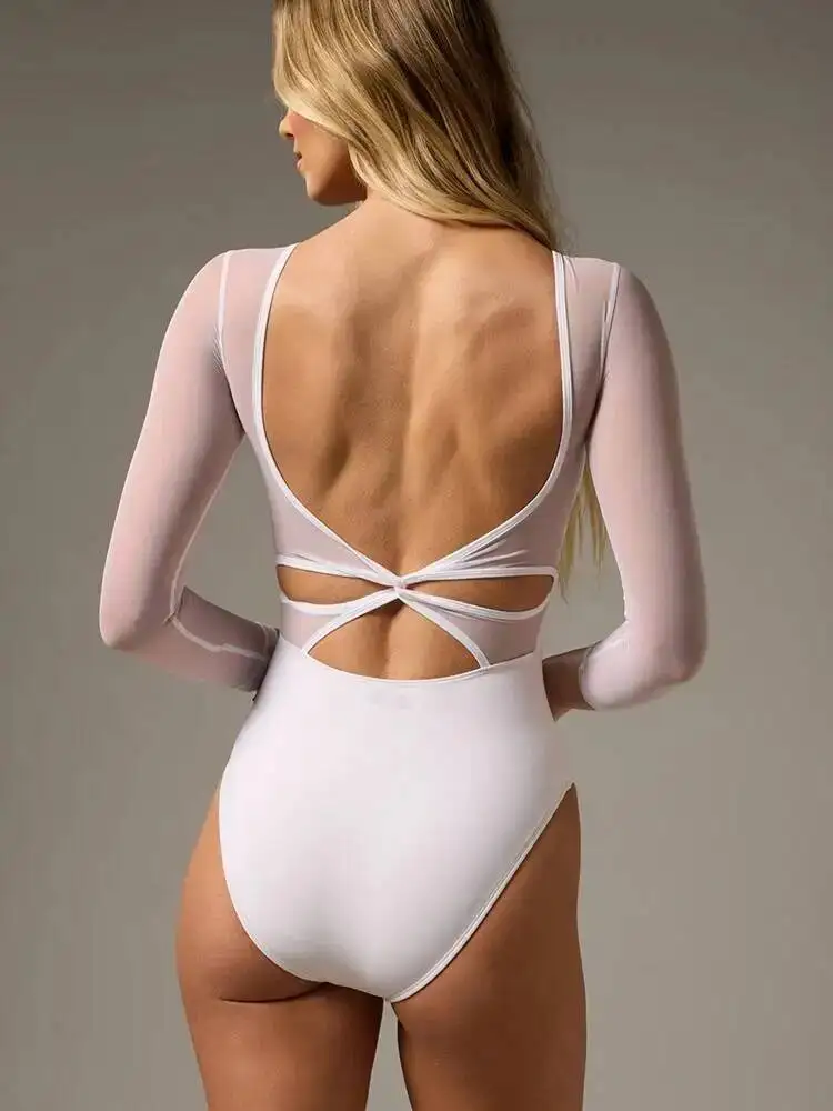 Oniflyme Patchwork Sexy dos nu voir à travers maille femmes body blanc à manches longues col en v body automne élégant fête Clubwear
