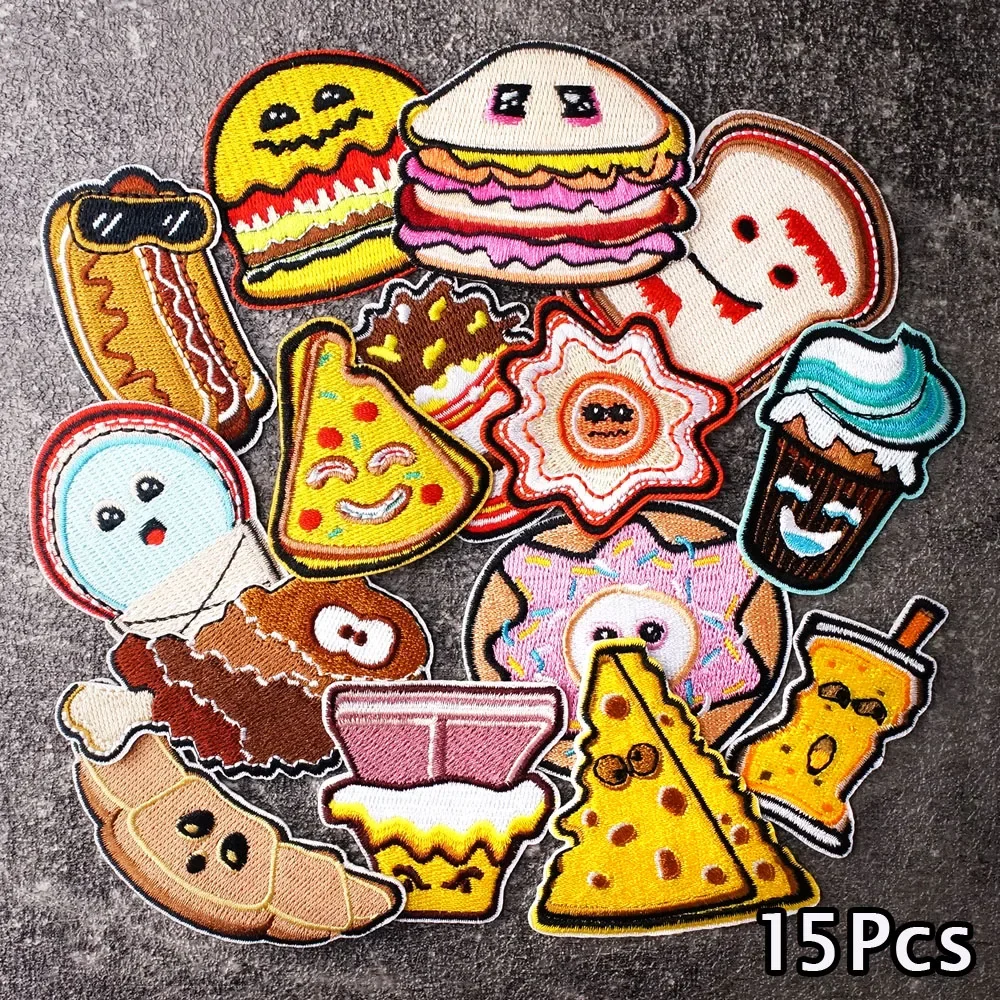 

15Pcs/Lot Hot Dog Hamburg Bread Pizza Patches Embroidery Applique Ironing Clothing Sewing Supplies Decorative Handmade Patch