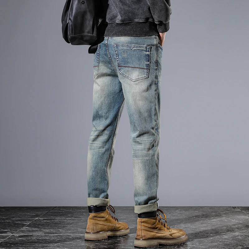 Jeans slim élastiques lourds pour hommes, pantalons à petits pieds, rétro américain, explosifs, haut de gamme, grattés, neufs, des centaines