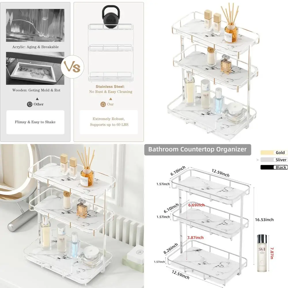Countertop Vanity Organizer: Perfume, Makeup, and Cosmetics Storage Rack in Stainless Steel, Gold, White Marble, and Ceramic Tra