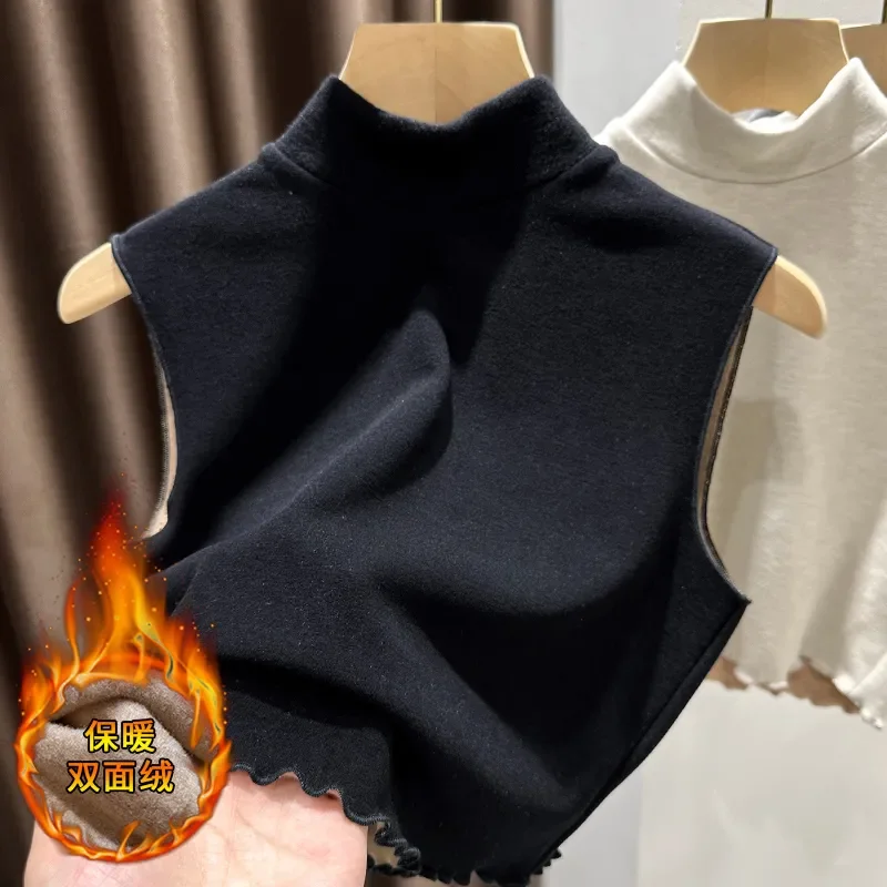 Thick Velvet Sleeveless Vest For Women In Autumn Winter Half Turtleneck Slimming Inner Layer Warm T-shirt Base Layer Top