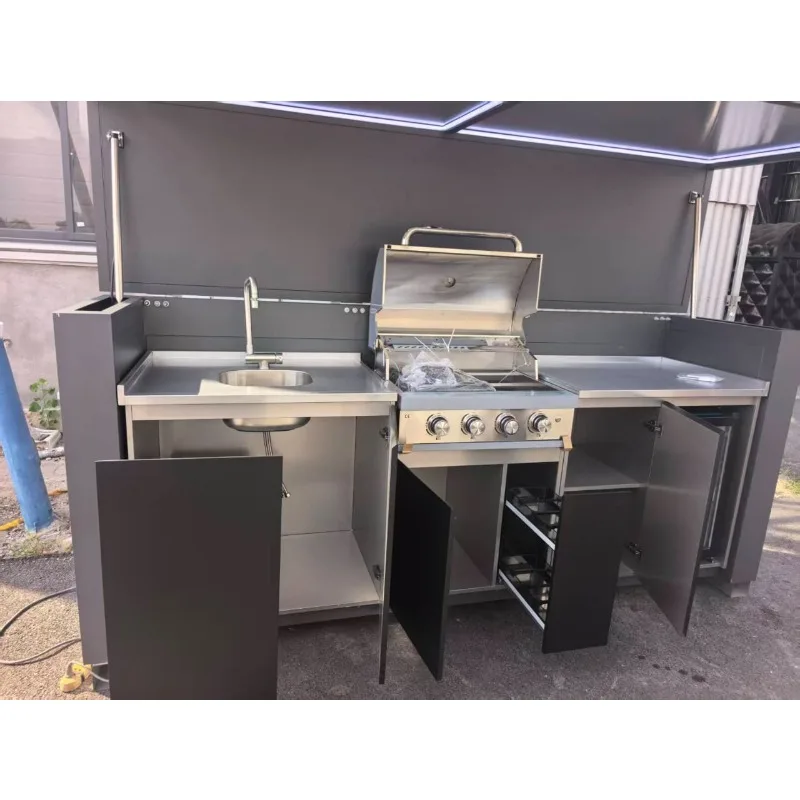 Modular Outdoor Kitchen BBQ Pod Island Grill Station Aluminum Pergola Stainless Steel Cabinet Sink Fridge Shed Patio Pool Deck
