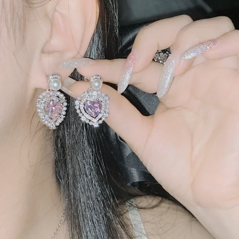 MDL Moissanit1 نمط ضوء فاخر صغير عطرة الرياح الماس أقراط اللؤلؤ وضعت مجموعة أقراط القلب مشع #3