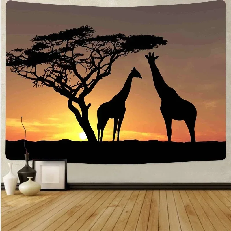 

African Savannah Elephant Giraffe Pattern Tapestry Sunset Landscape Home Decor Bedroom Living Room Background Hanging Cloth