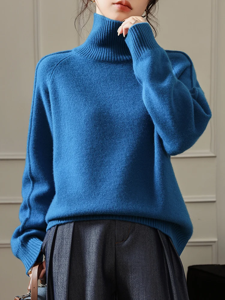 

Модный женский свитер-пуловер из 100% мериносовой шерсти, толстый, с высоким воротом, свободного кроя, больших размеров, для осени и зимы, теплый, из чистой шерсти, вязаный топ