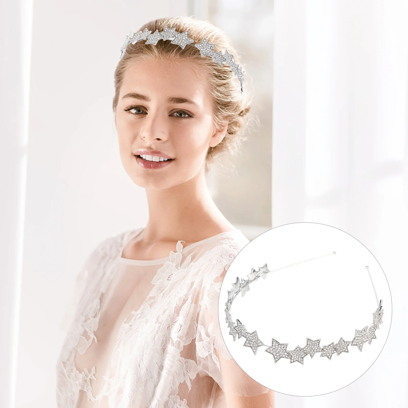 Star Bridal Crown Headband Headdress Tiara Wedding Headpiece Accessories Hairband Ribbons