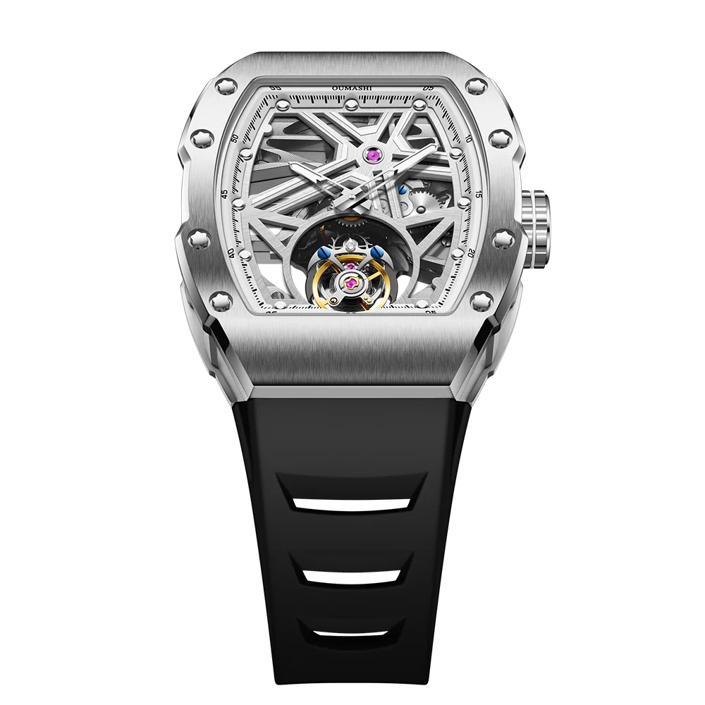 นาฬิกาตูร์บิญองสำหรับผู้ชาย ตัวเรือนสแตนเลส กระจกแซฟไฟร์ กันน้ำ นาฬิกากลไกเปลือย แสดงเวลาแบบเรืองแสงสีเขียว นาฬิกาหรูสำหรับนักธุรกิจ