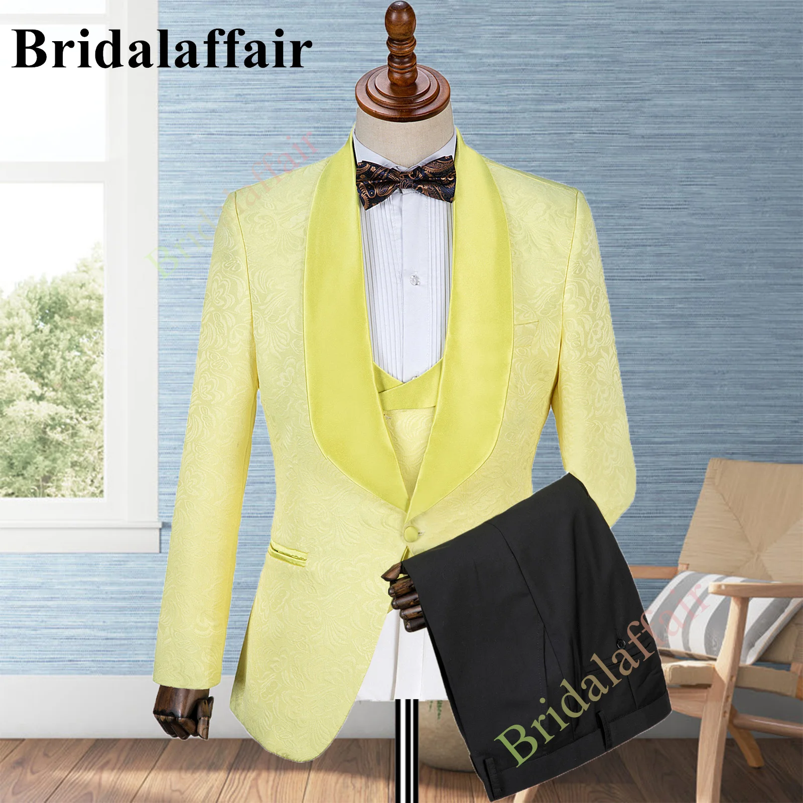 Bridalaffair Men's Light Yellow Suits Slim Fit Elegant Jacquard Wedding Tuxedo Suit for Men 3pcs Blazer Coat Vest Pant Costume