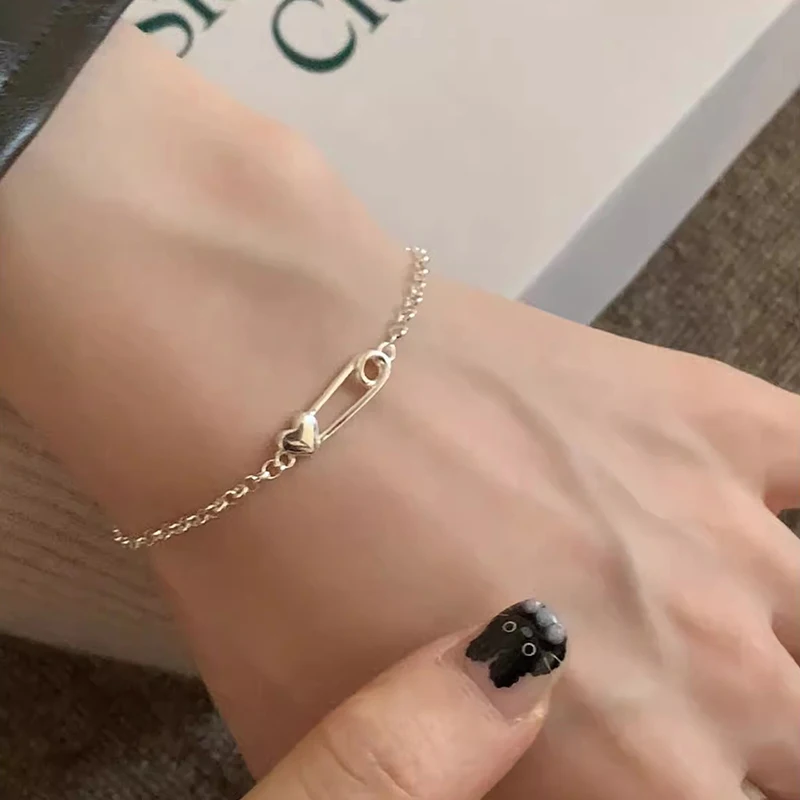 Foxanry Silver Color Love Heart Pin Bracelets For Women Girls Simple Creative Trendy Temperament Sweet Birthday Jewelry Gifts